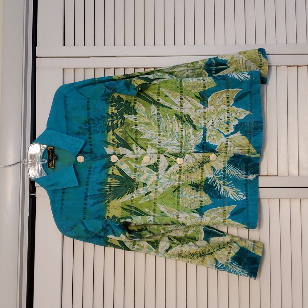 Mirasol Button-up Tropical Leaf Ladder Lace Cotton Flax Shirt, Size Small